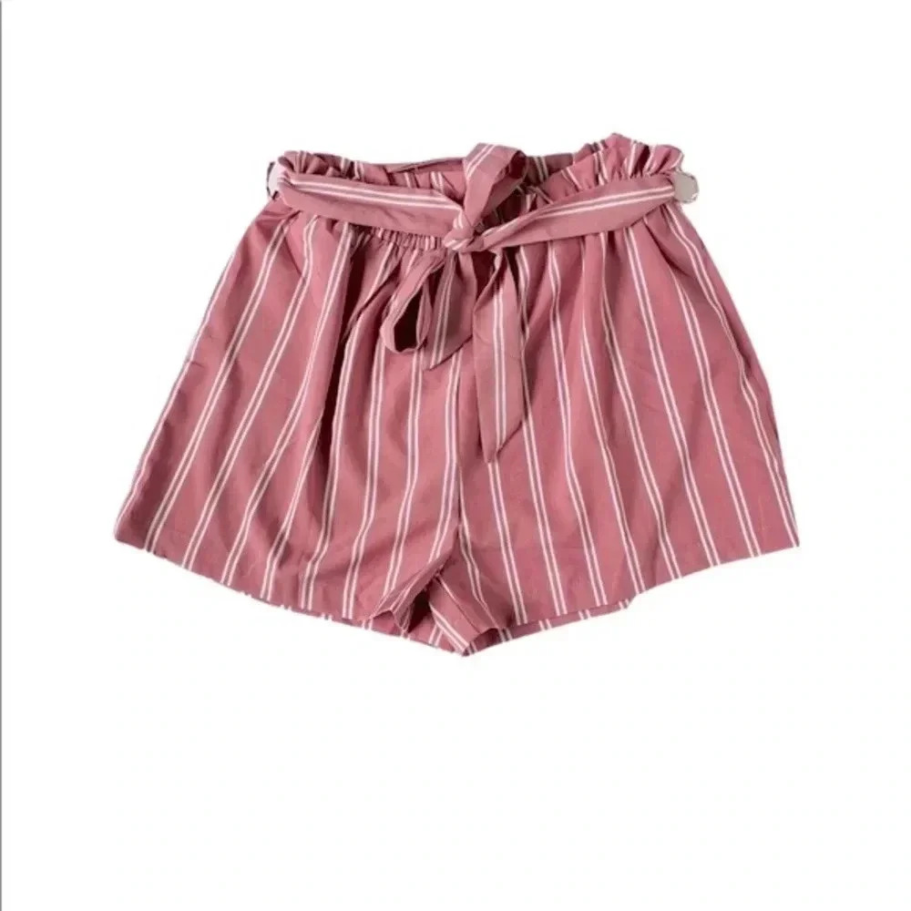 Shein Striped Paperbag Waist Belted Shorts Lot 2-Pack Yellow Pink Large - Picture 2 of 5